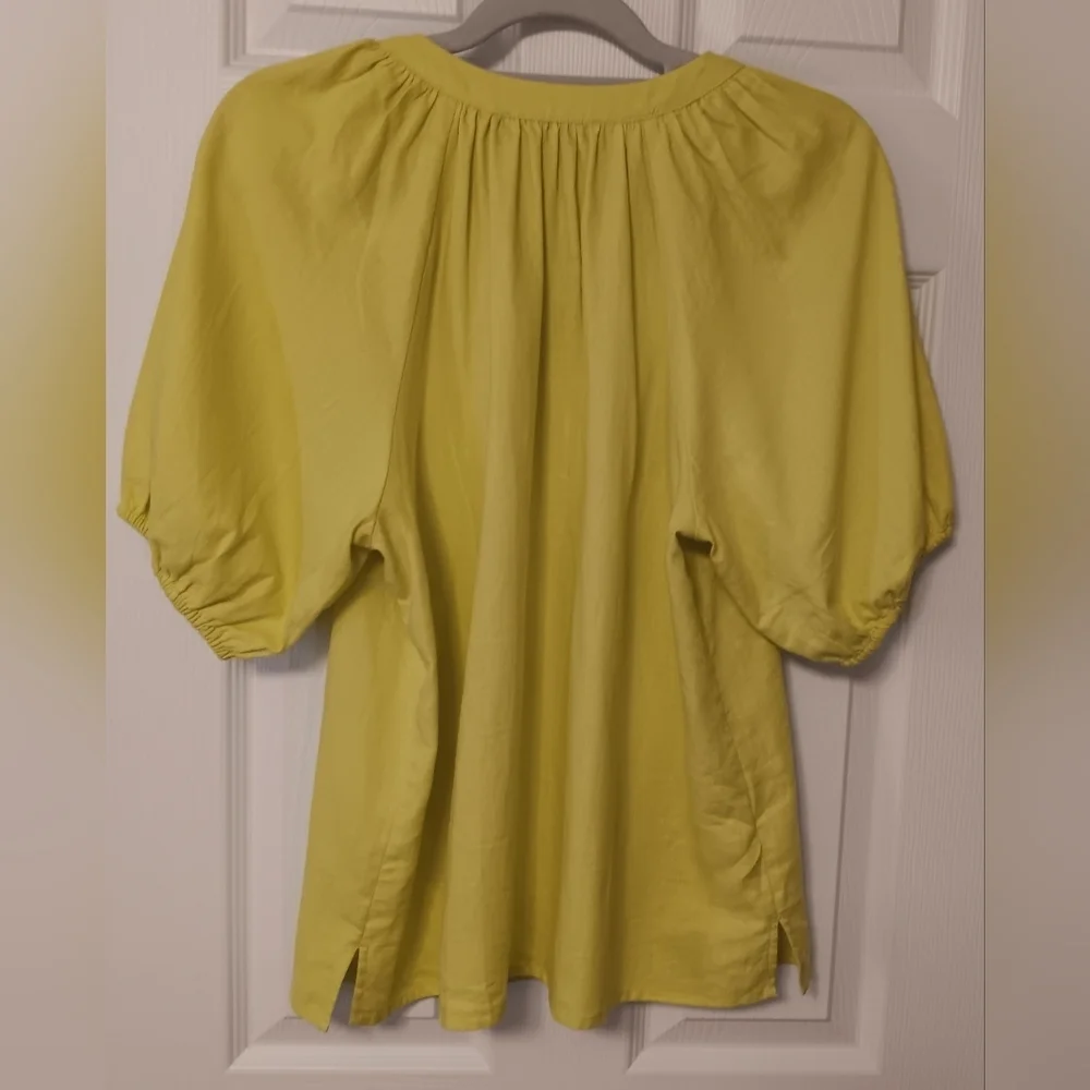 Loft Chartreuse Linen Blend Tie Neck Puff Short Sleeves Peasant Top Blouse‎ M
